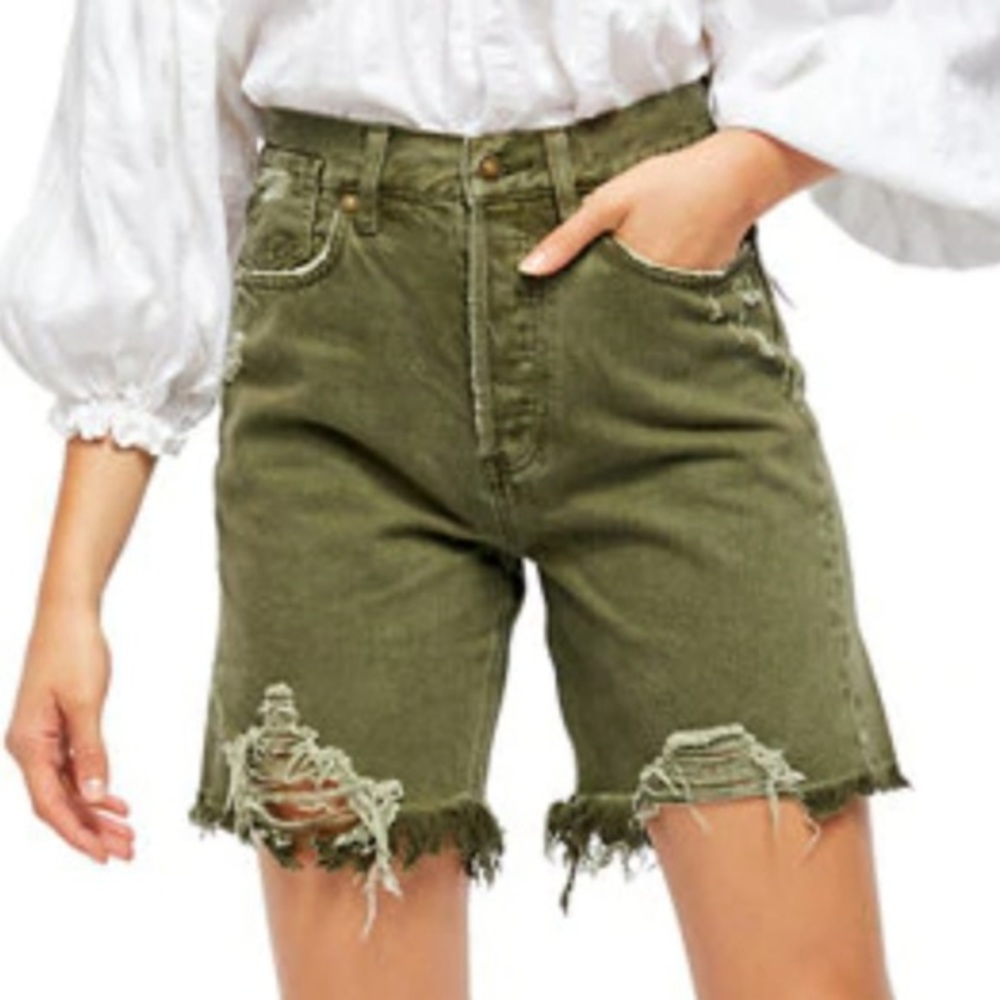 NWT FREE PEOPLE Forest Green Jean Shorts Distress